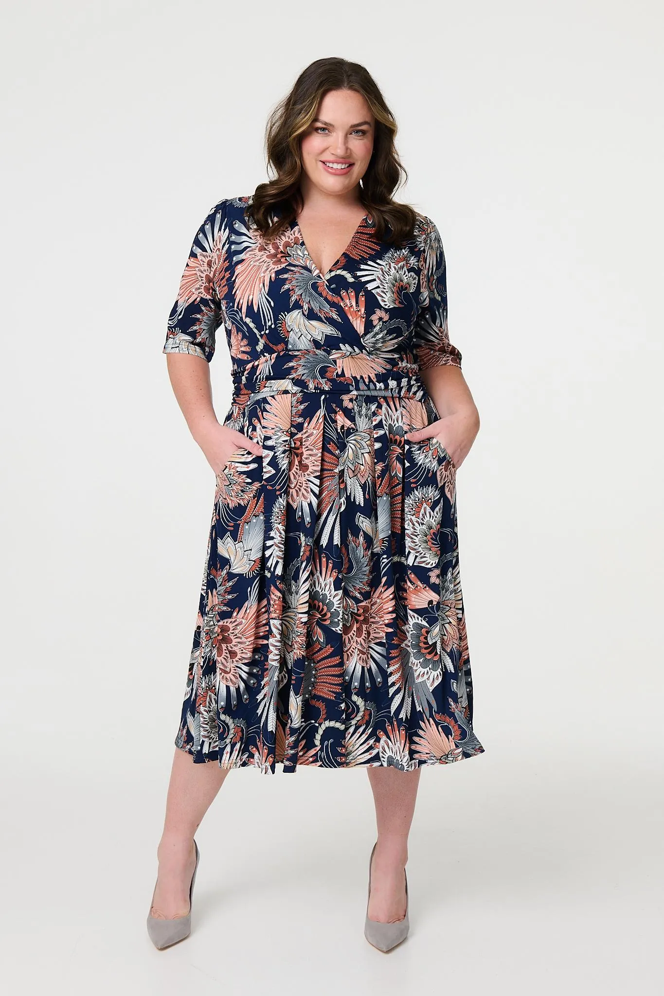 Tropical Print 1/2 Sleeve Midi Wrap Dress