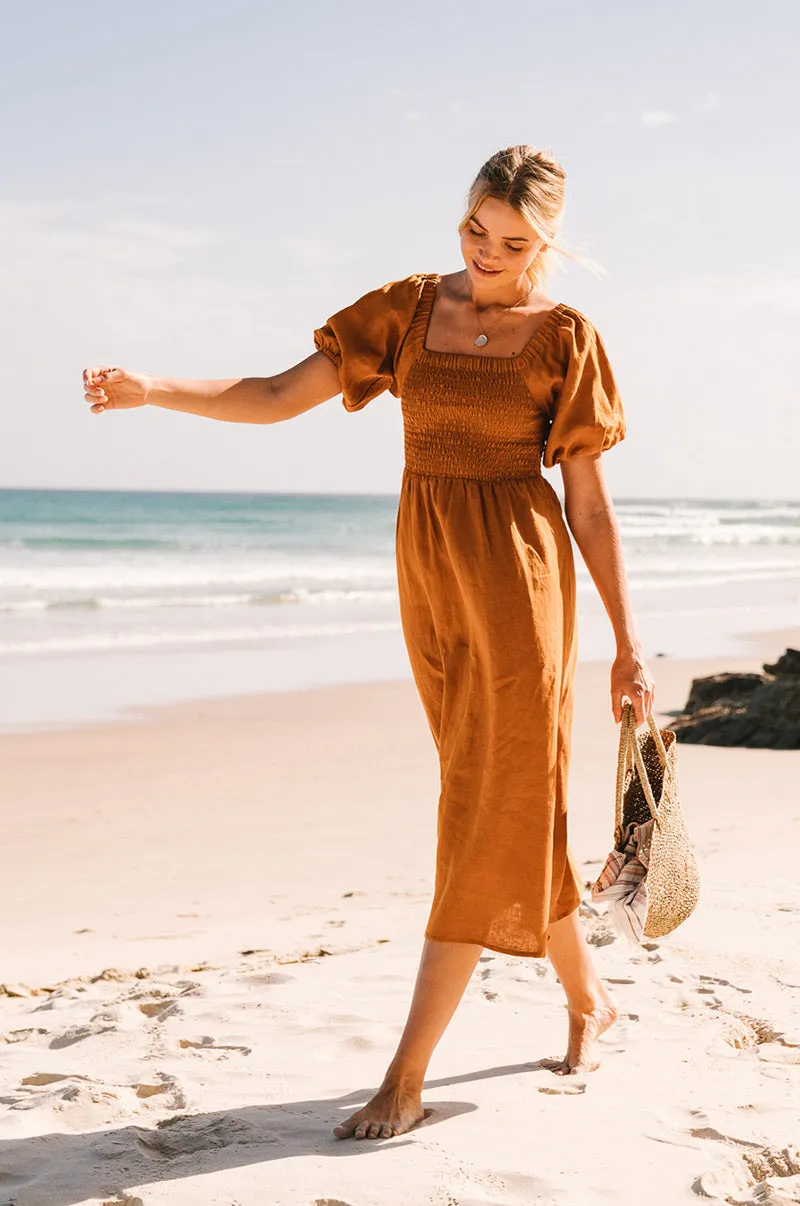 VOYAGE Midi Dress - ochre linen