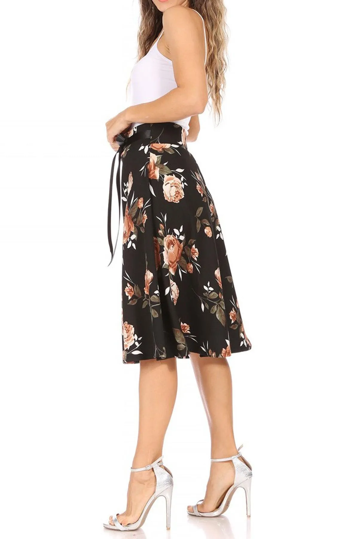 Women's Casual Floral Printed A Line High Waist Ribbon Belted Knee Length Midi Skirt