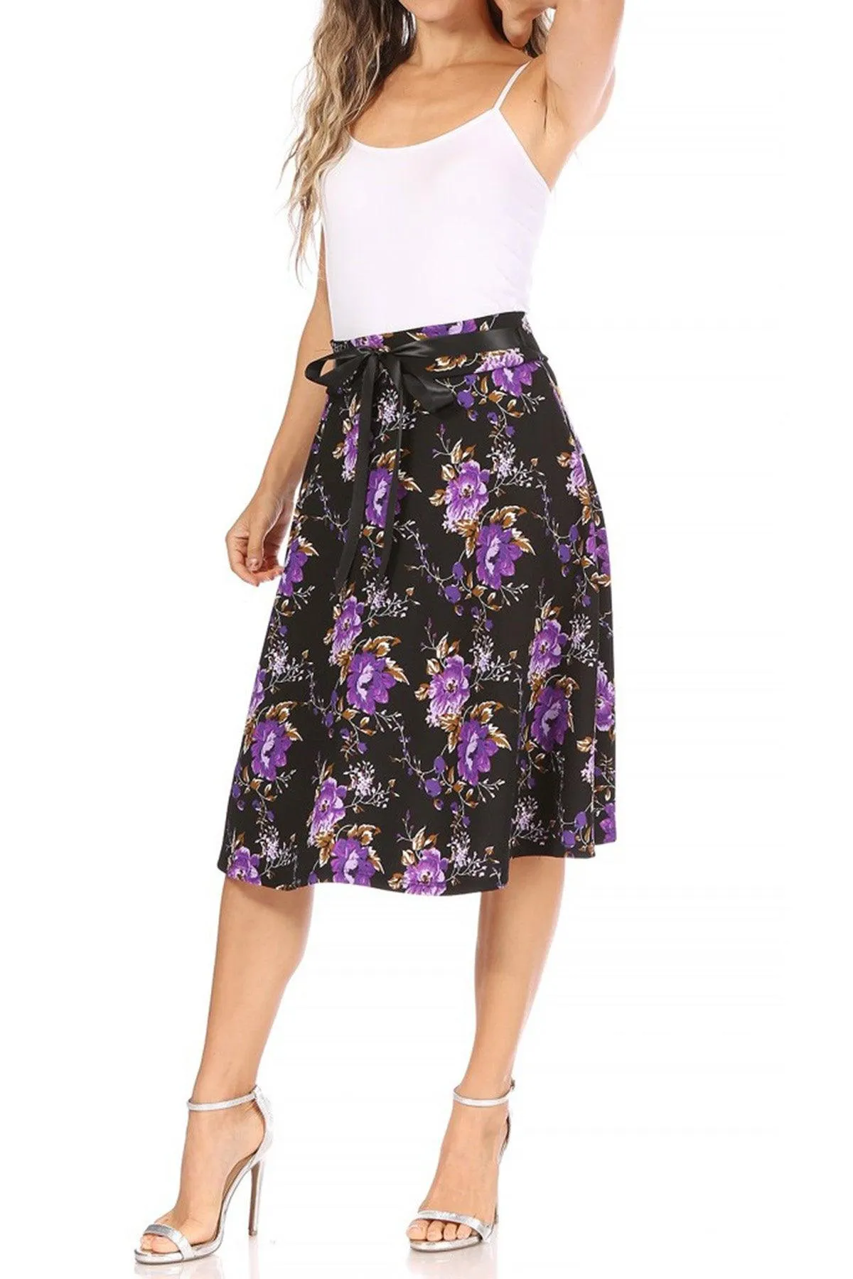 Women's Casual Floral Printed A Line High Waist Ribbon Belted Knee Length Midi Skirt