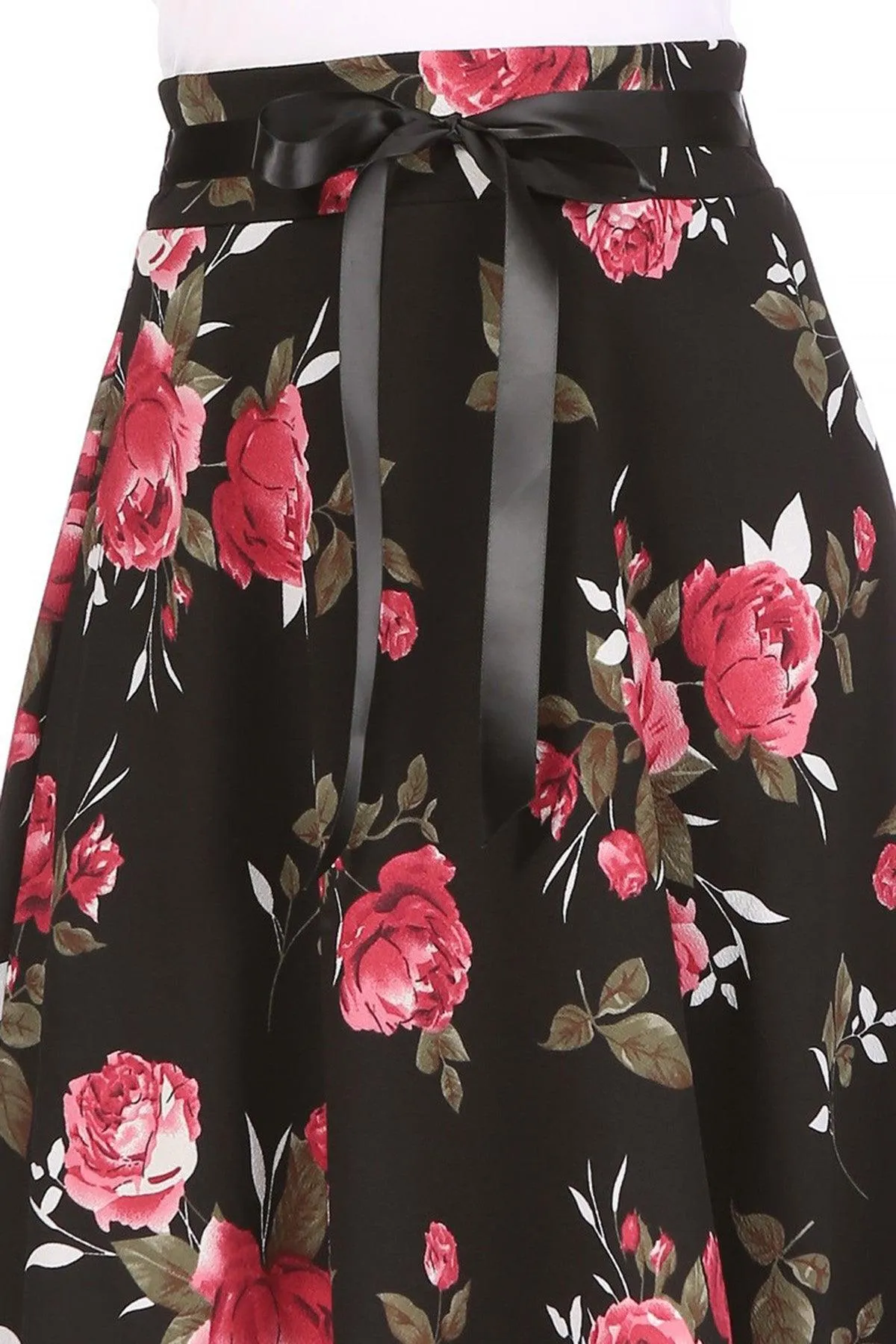 Women's Casual Floral Printed A Line High Waist Ribbon Belted Knee Length Midi Skirt