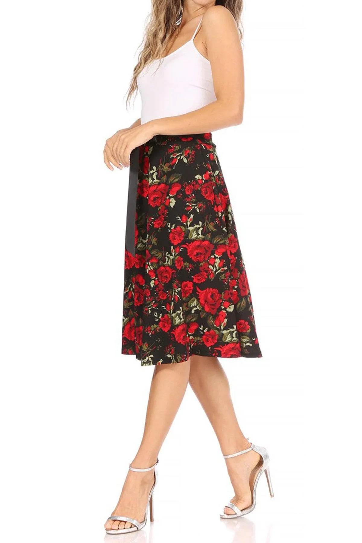 Women's Casual Floral Printed A Line High Waist Ribbon Belted Knee Length Midi Skirt