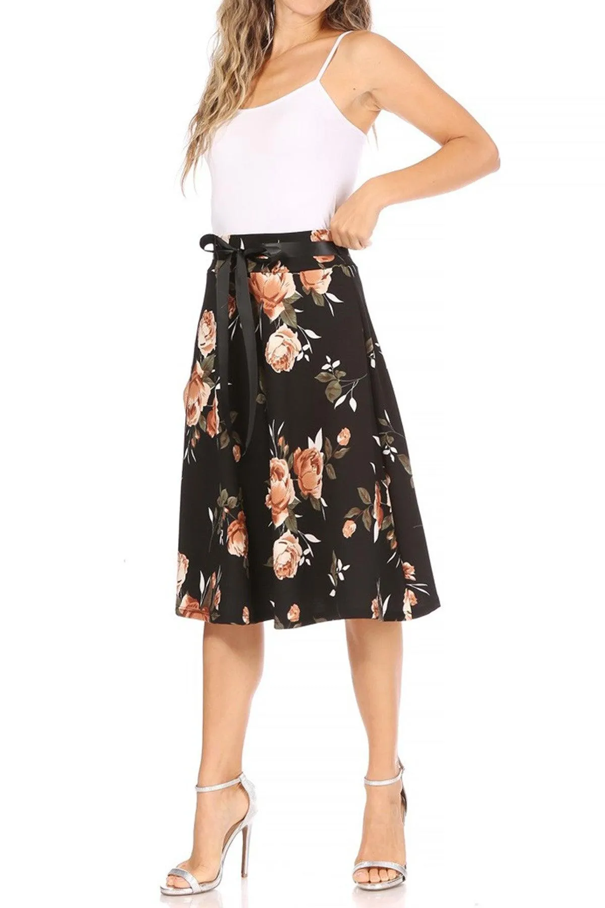 Women's Casual Floral Printed A Line High Waist Ribbon Belted Knee Length Midi Skirt